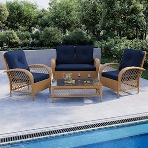 4-Piece Wicker Patio Conversation Set Outdoor Chair Set with Loveseat and Coffee Table, Navy Blue Cushions