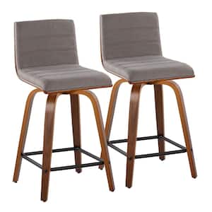 Vasari 24 in. Grey Fabric, Walnut Wood and Black Metal Fixed-Height Counter Stool (Set of 2)