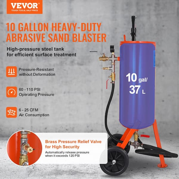 10 Gal. Sand Blaster 60 to 110 PSI High Pressure Sandblaster with 2 Nozzles, 7.5 ft. Hose for Stain, Rust, Paint Removal