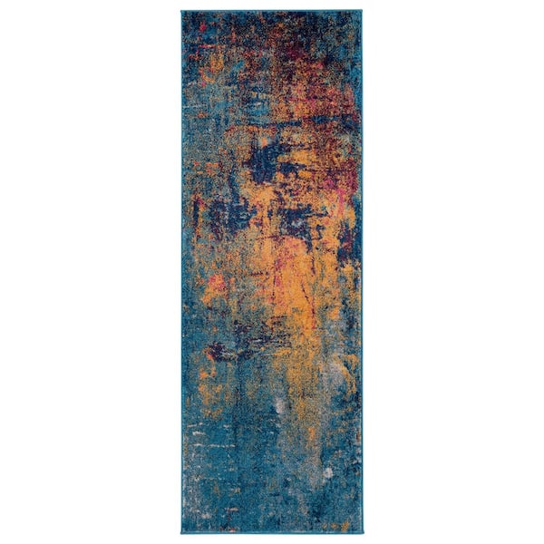 Amer Rugs Manhattan 2 ft. 6 in.  x  7 ft. 6 in. Orange/Blue Abstract Pattern Runner Rug for High Traffic Entryway Kitchen Hallway
