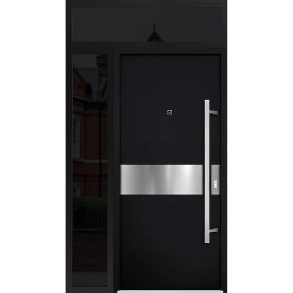 VDOMDOORS 6072 48 in. x 96 in. Left-hand/Inswing Sidelight and Transom Black Enamel Steel Prehung Front Door with Hardware