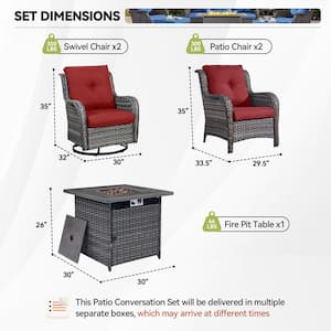 5-Piece Gray Wicker Fire Pit Conversation Set with Olefin Red Cushions and Swivel Glider and Lounge Chairs