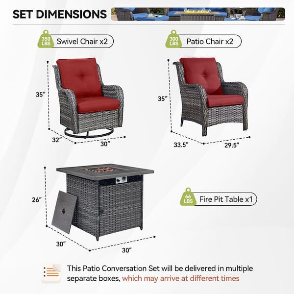 5-Piece Gray Wicker Fire Pit Conversation Set with Olefin Red Cushions and Swivel Glider and Lounge Chairs