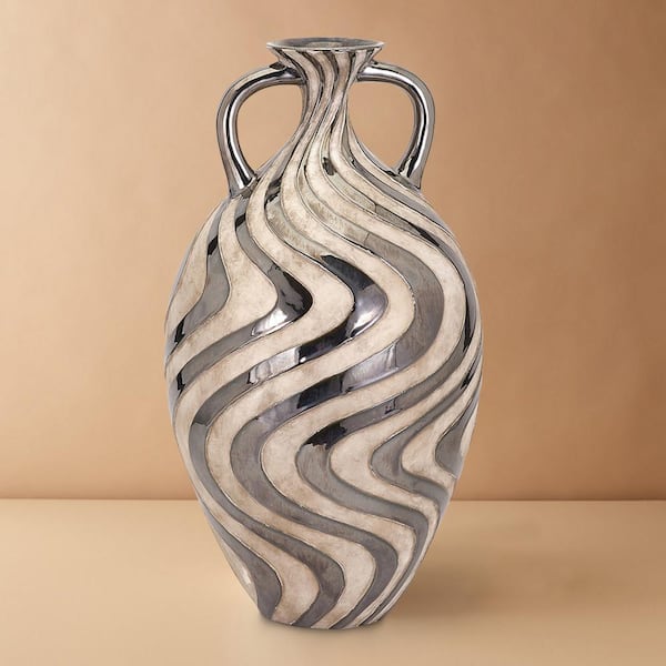 Benjara Leza Cream and Black Large Swirl Earthenware Vase