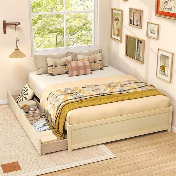 Natural Beige Wooden Frame Queen Size Platform Bed frame with 2 Rolling Storage Drawers Wood Slat Support