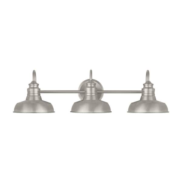 Elmcroft 29 in. 3-Light Brushed Nickel Farmhouse Vanity with Metal Shades