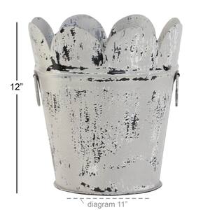 11 in. x 12 in. Farmhouse Style Distressed White Metal Scalloped Bucket Planter with Handles