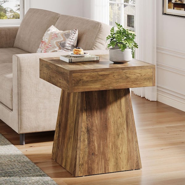BYBLIGHT Kerlin 19.7 in. Brown Square Wood End Table, Farmhouse Side Table with Wide Base Nightstand Beside Bed