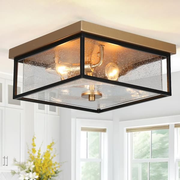 Zevni Modern 12 in. 3-Light Dark Gold Flush Mount Ceiling Light with Square Seeded Glass, Black Bedroom Ceiling Light Fixtures