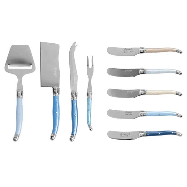 Unbranded French Home Essential 9-Piece Laguiole Cheese Knife and Spreader Set with Shades of Blue Handles