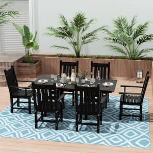 Hayes 7-Piece HDPE Plastic All Weather Outdoor Patio Trestle Table Dining Set with Armchairs in Black