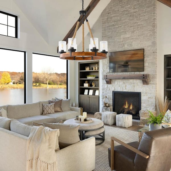 6-Light Farmhouse Wood Rustic Wagon Wheel Chandelier with Glass Shades, Pendant Ceiling Light for Dining Room(No Bulbs)