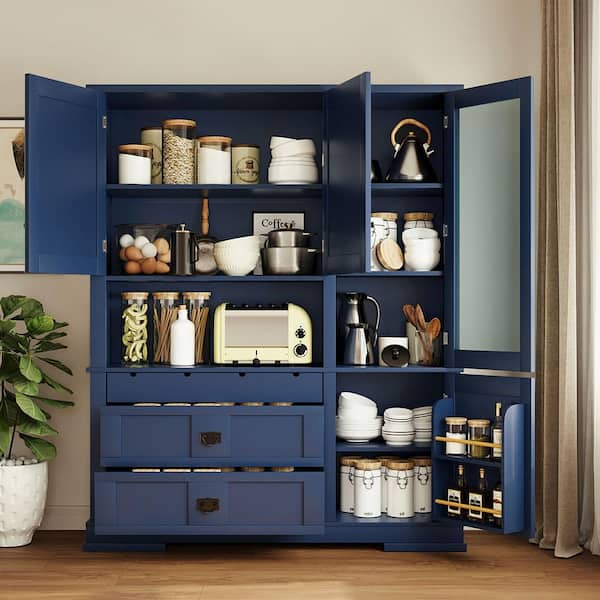 Blue 78.3 in. H Storage Cabinet, Food Pantry with Cupboard, Drawers, Door Shelf and Adjustable Shelves