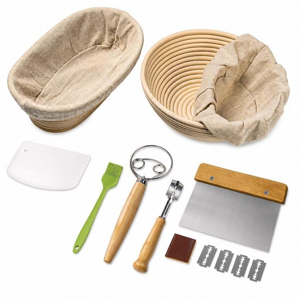 Bread Banneton Proofing Basket Set with 9 in. Round and 10 in. Oval Rattan Cane Baskets, Bread Lame, Scraper and Brush