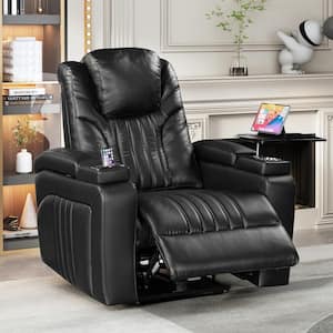 Black Home Theater PU Leather Power Recliner with Adjustable Headrest, Wireless Charging Device, USB Port, Storage Arms