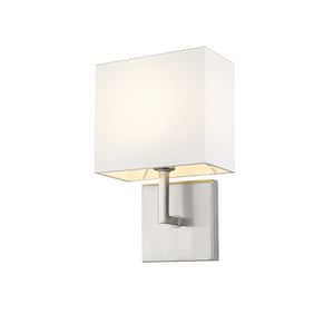 Saxon 7 in. 1-Light Brushed Nickel Wall Sconce Light with Fabric Shade