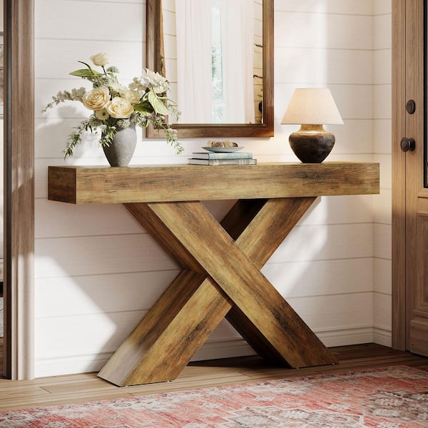 BYBLIGHT Turrella 55.1 in. Rustic Brown Rectangle Wood Console Table with X-Shaped Legs for Entryway, Living Room
