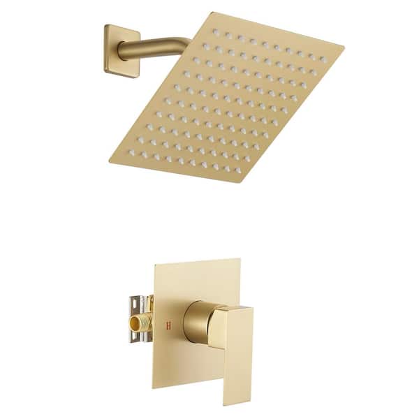 Single Handle 1-Spray Square Shower Faucet Set 2.5 GPM with High Pressure Shower Head in Brushed Gold (Valve Included)