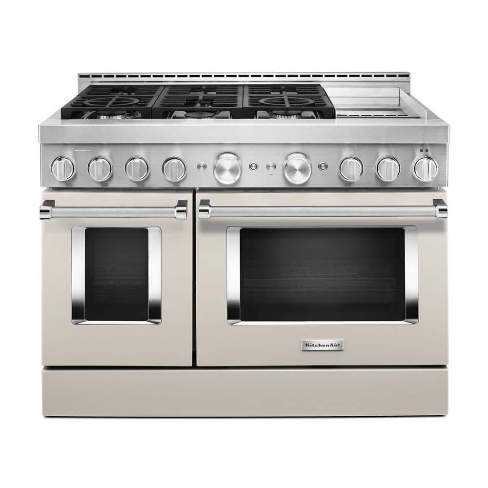 KitchenAid 48 in. 6.3 cu. ft. Smart Double Oven Commercial-Style Gas Range  with Griddle and True Convection in Milkshake KFGC558JMH - The Home Depot