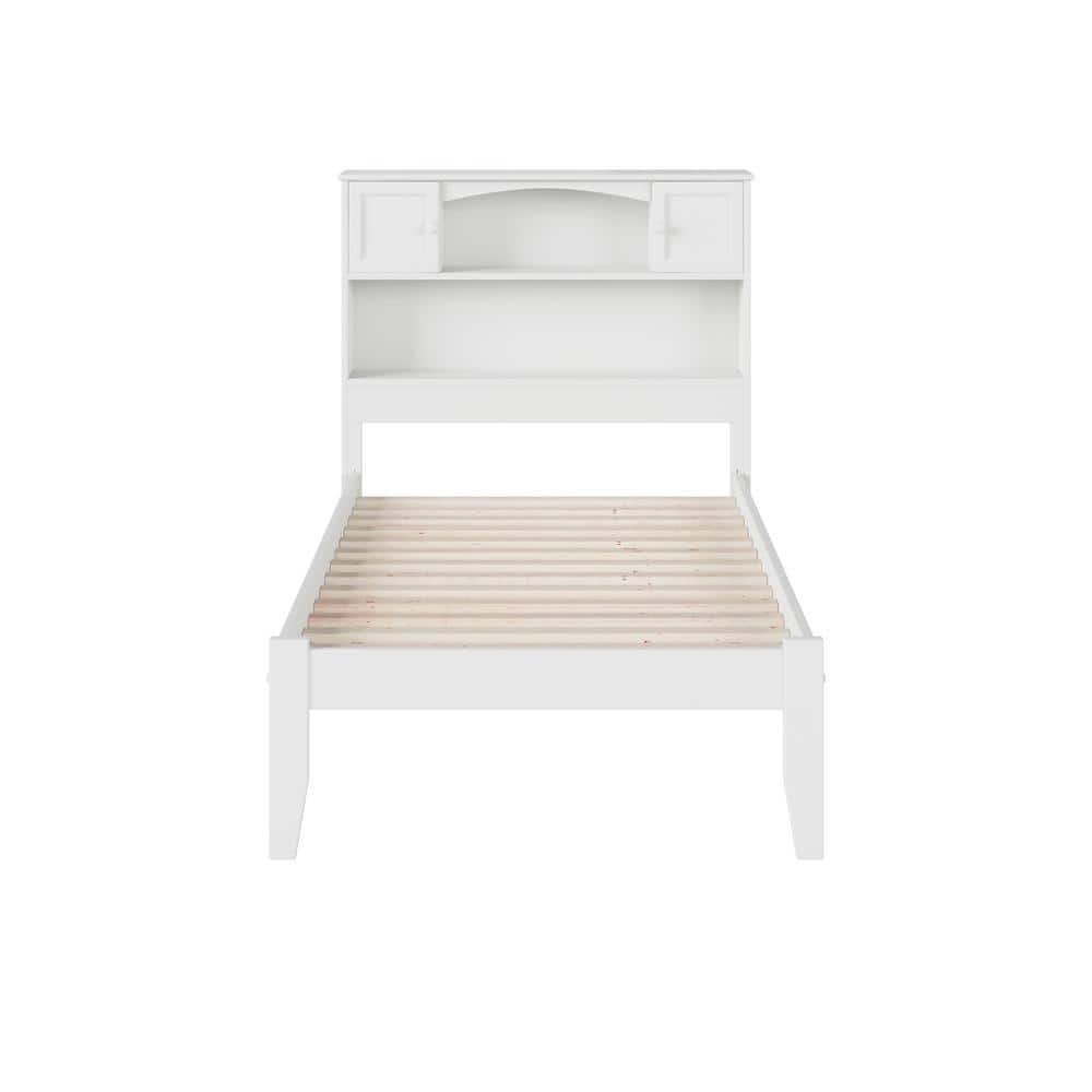 White Twin Wood Frame Platform Bed with Bookcase Headboard