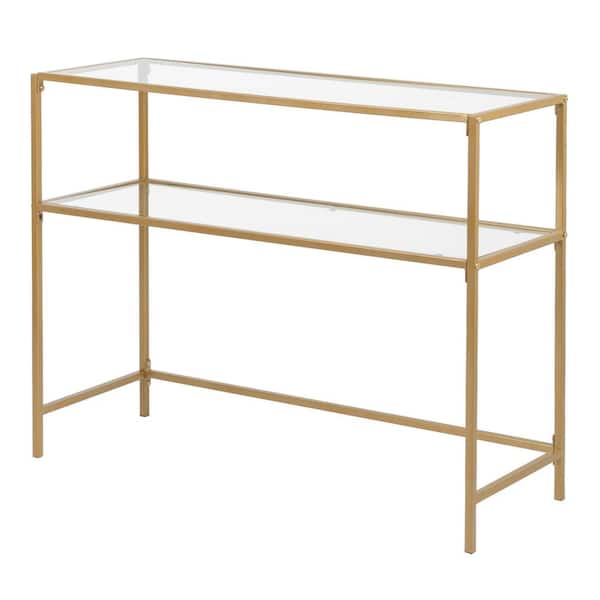 Karl home 39.38 in. Clear and Gold Rectangle Glass Metal Frame Console Table with 1-Shelf