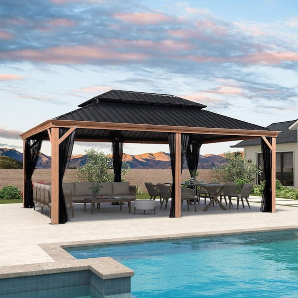 PURPLE LEAF 14 ft. x 20 ft. Wood Grain Aluminum Power-Coated Frame Galvanized Steel Double Roof Hardtop Gazebo Hooks Upgrade Netting
