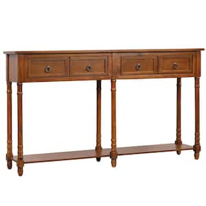 58.00 in. L Antique Walnut Rectangular Solid Wood Console Table with Drawers and Long Shelf