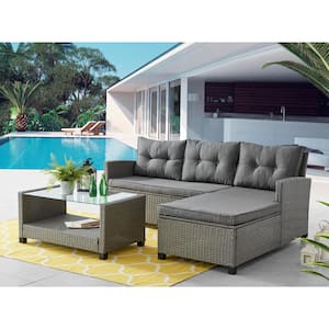 Bali 3-Piece PE Weathered Grey Wicker Lounge Set with Flannel Grey Cushions