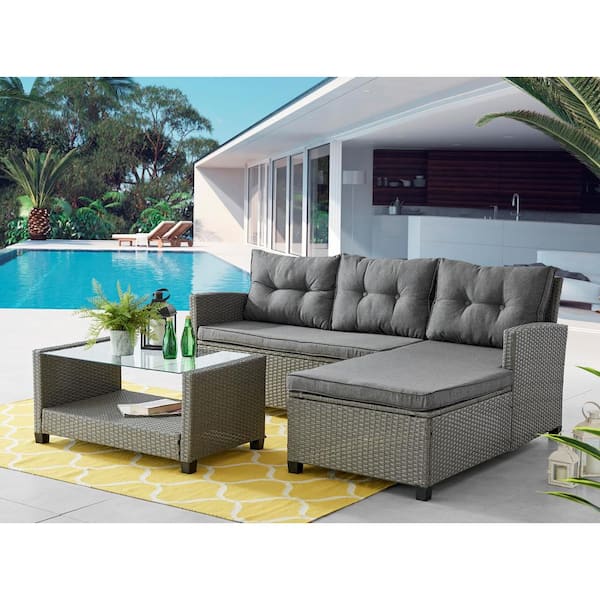 Dwell Home Inc Bali 3-Piece PE Weathered Grey Wicker Lounge Set with Flannel Grey Cushions