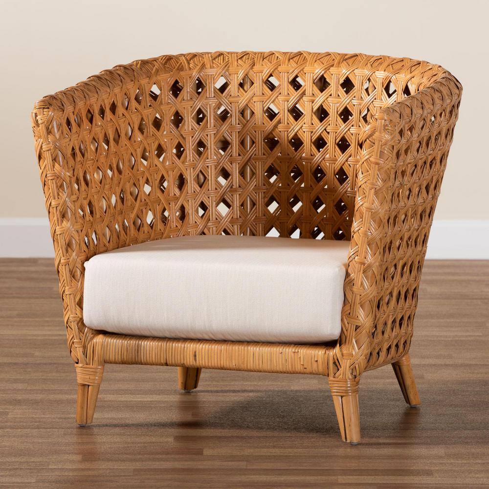 Handcrafted Natural Rattan Bohemian Accent Chair with White Cushion
