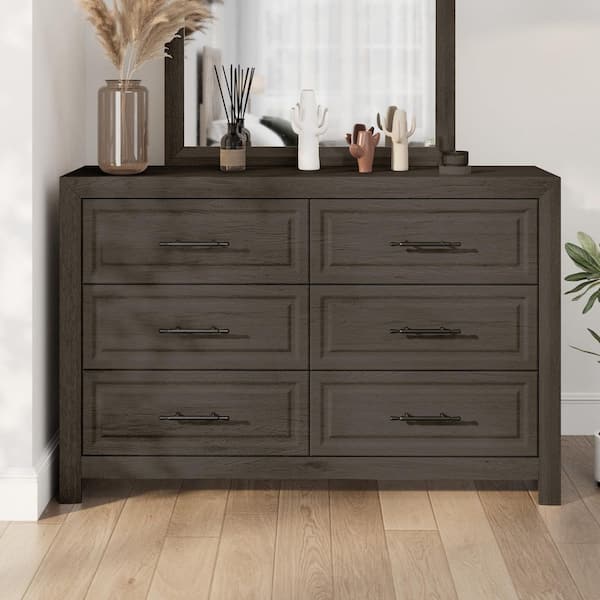 JEAREY Farmhouse Walnut 6-Drawer Dresser 55.12 in. Chest of Drawers Dresser for Bedroom, Dresser for Clothes Storage, Organizer