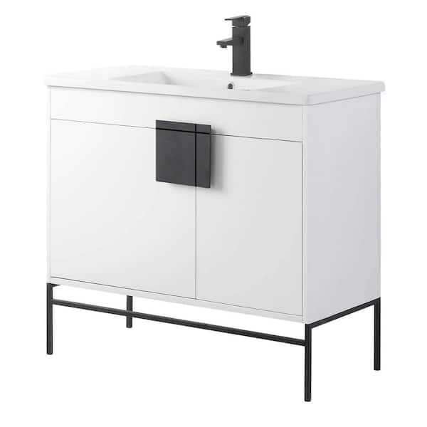 FINE FIXTURES Shawbridge 36 in. W x 18.11 in. D x 33.5 in. H Bath Vanity in Matte White Paint with Ceramic Vanity Top in White