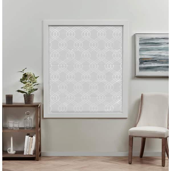 Prague Trellis White Cordless Total Blackout Polyester Roman Shade 31 in. W x 64 in. L