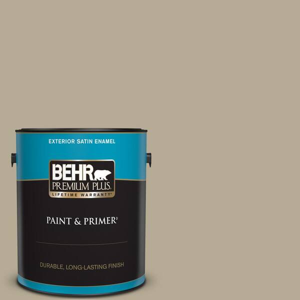 BEHR PREMIUM PLUS 1 gal. #N330-4 Explorer Khaki Satin Enamel Exterior Paint & Primer