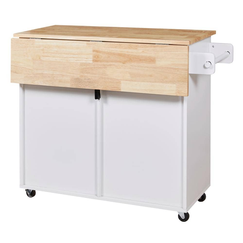 White Rubber Wood 39 in. W Rolling Kitchen Island on Wheels with ...