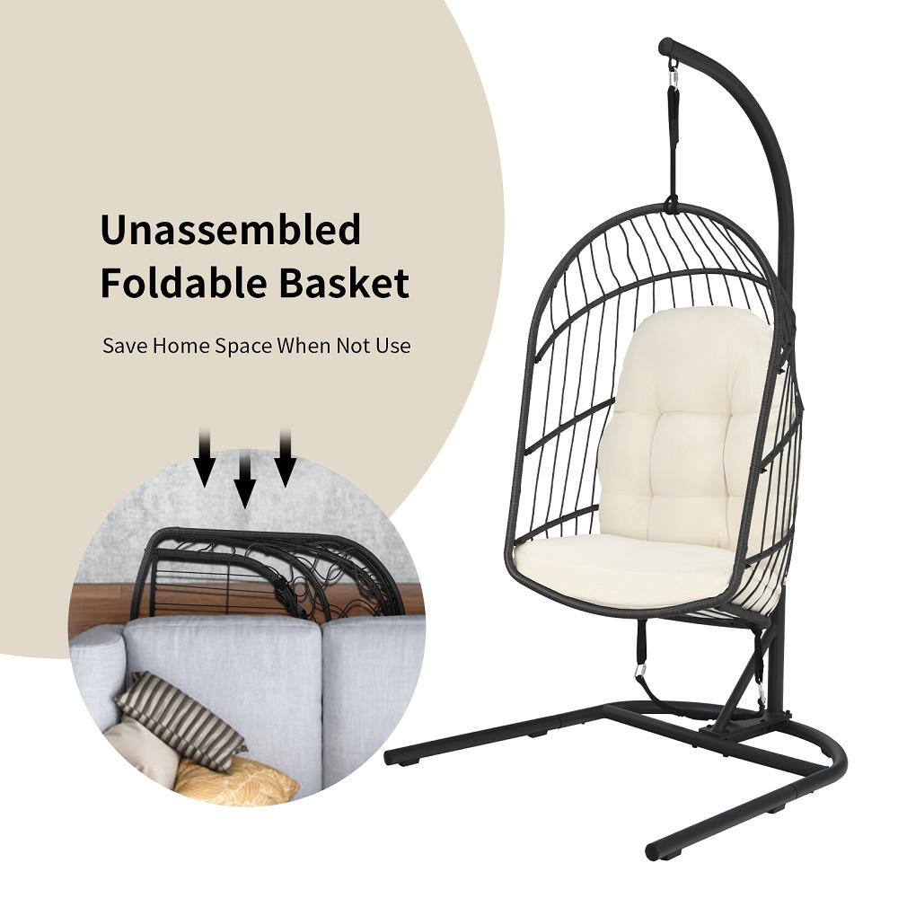 Beige Wicker Hanging Egg Chair with Cushions and Stand
