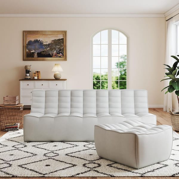 Set of 2 82 in. Gray Modular Fireside Lazy Floor Sofa Couch Linen 3-Seater Loveseat Sectional Sofa with Ottoman