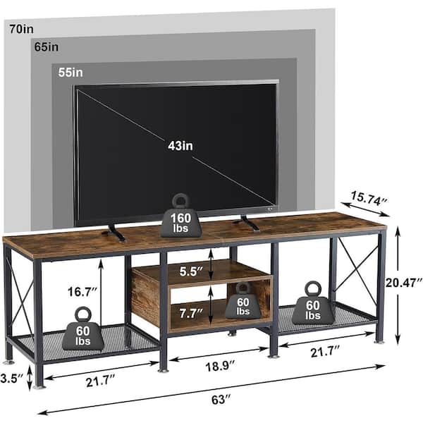 VECELO Industrial TV Stand Television Cabinet 3-Tier Console with