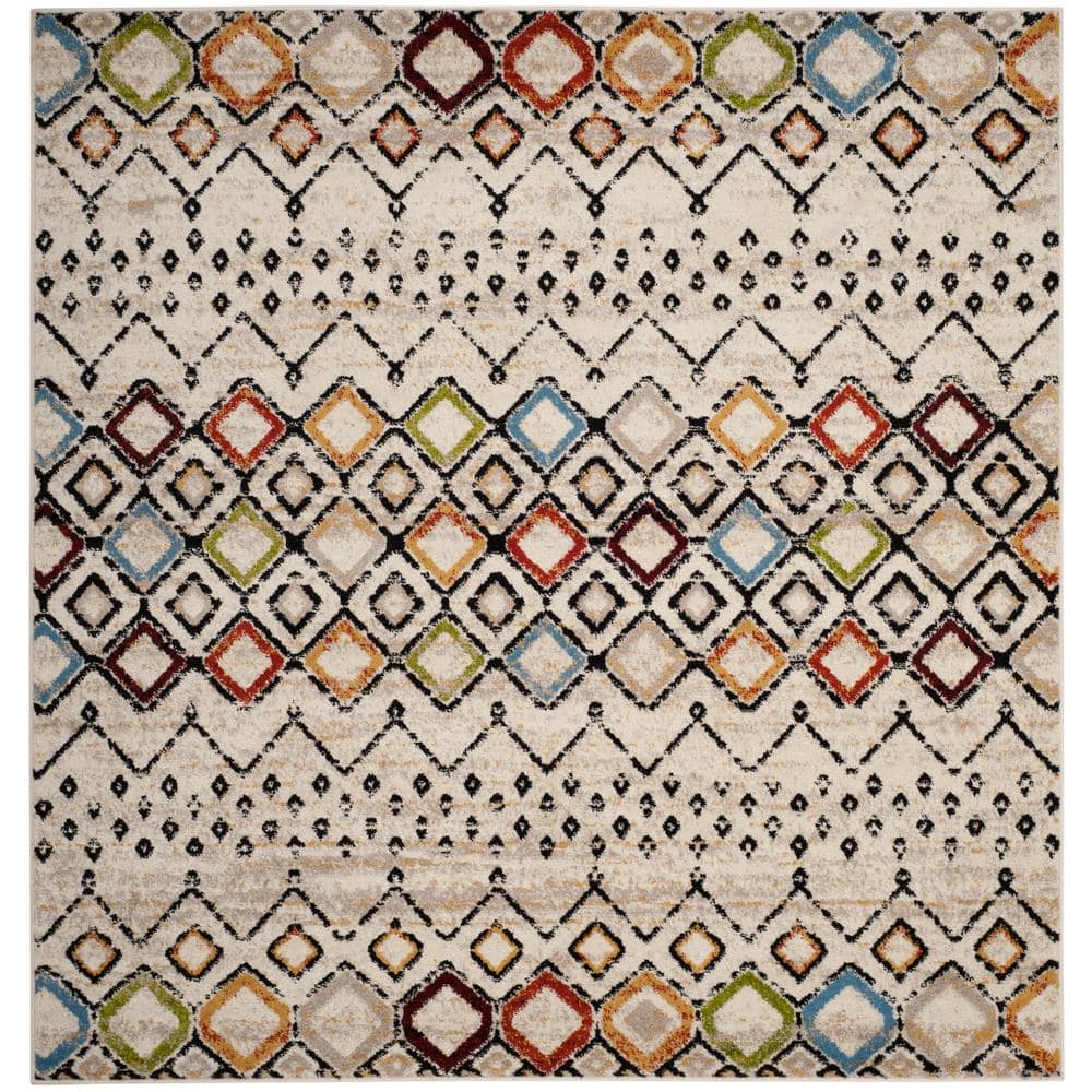 Ivory and Multicolor Synthetic Square Area Rug, 4' x 4'