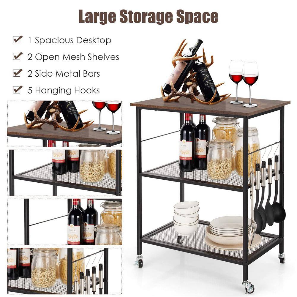3-Tier Brown Kitchen Serving Cart Utility Standing Microwave Rack with Hooks - thumbnail 5