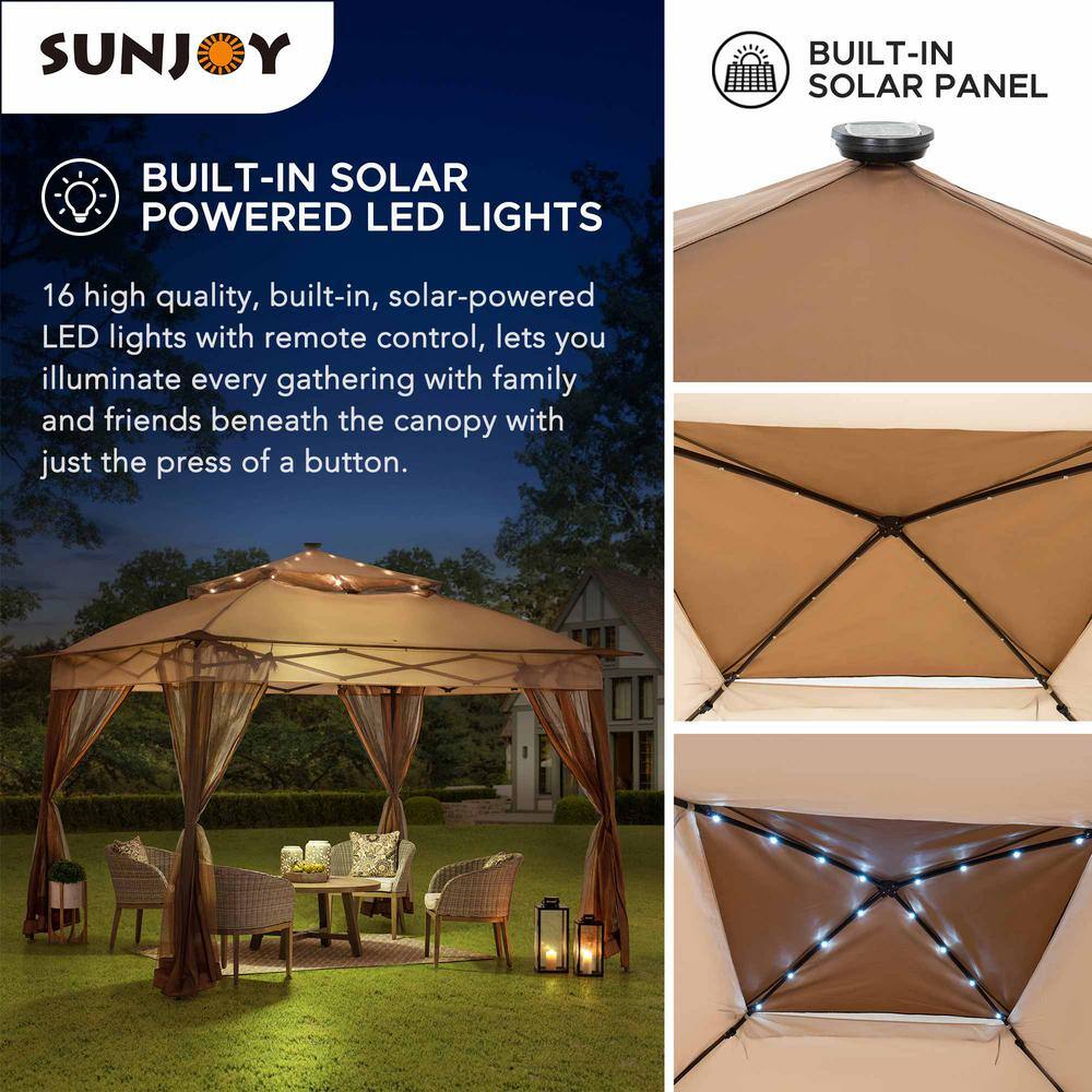 Brown Steel Frame Pop-Up Gazebo with Solar LED Lighting