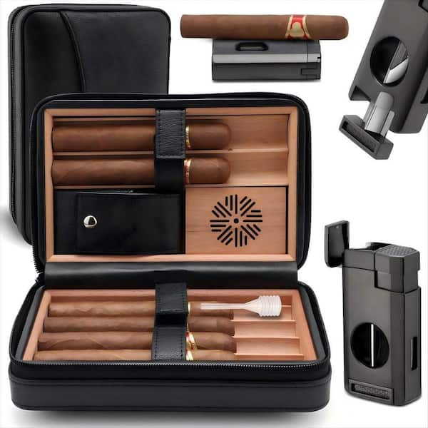 Leather Cedar Wood Cigar Case with Cigar Lighter, Portable Travel Cigar Humidor Box with Humidifier, Black