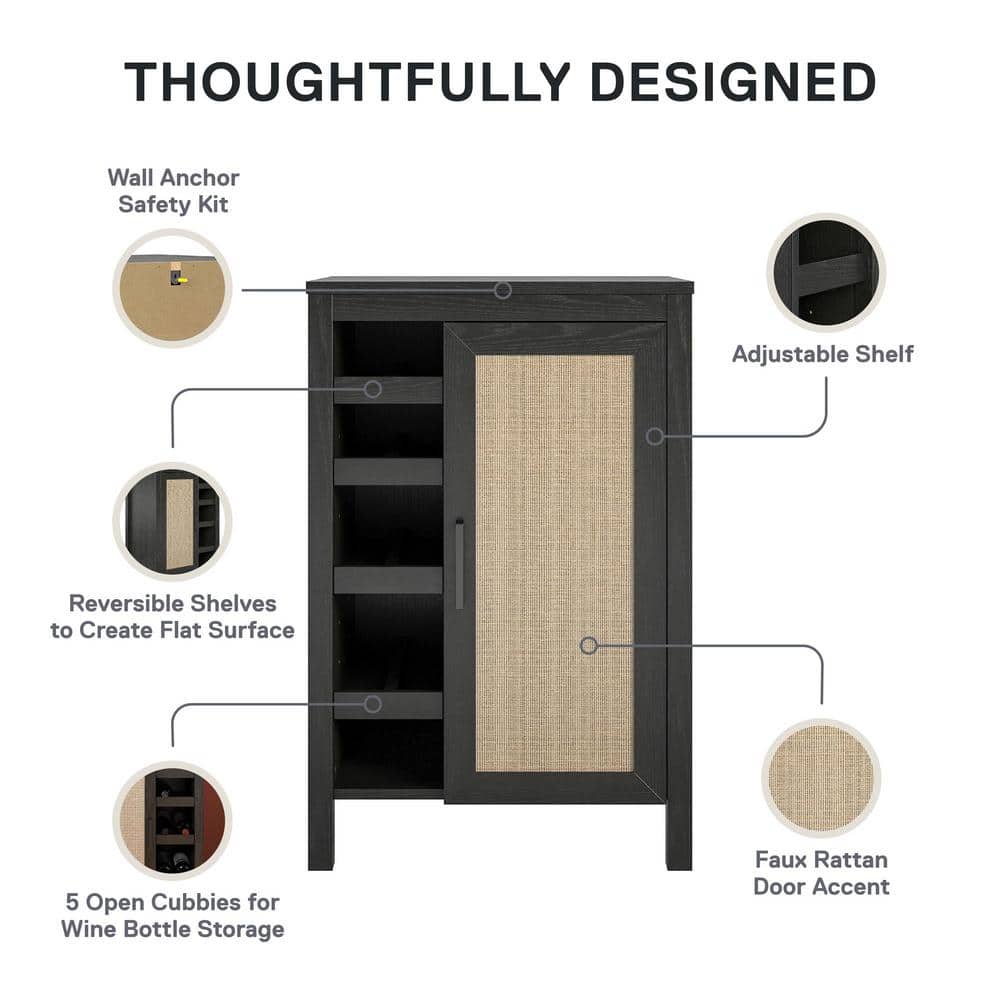 Wimberly Black Oak and Faux Rattan Bar Cabinet