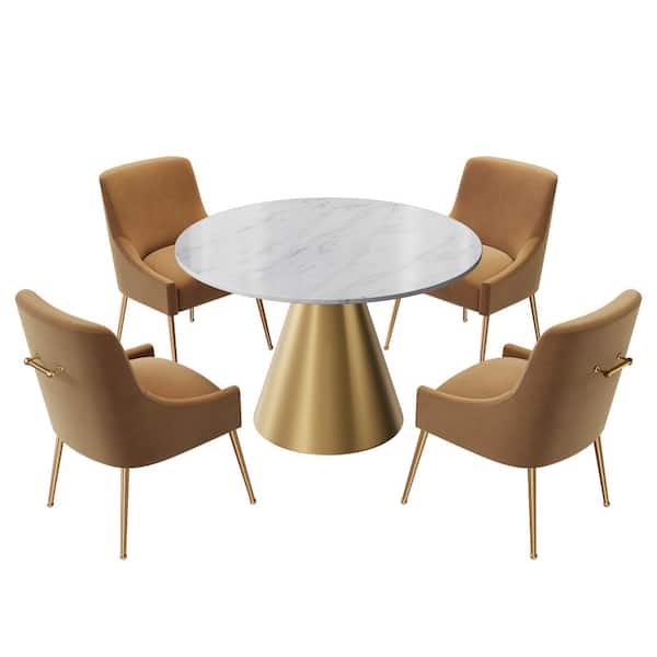 Clihome 5-Piece White Marble Counter Top Dining Table Set Seats 4(4 Yellow Chairs)