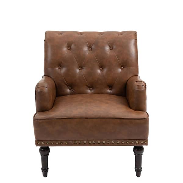 Mid-Century Modern Solid Wood Leg Brown PU Leather Button Upholstered Accent Armchair With Nailhead Trim