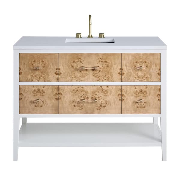 James Martin Vanities Olena 48.0 in. W x 23.5 in. D x 36 in. H Single Bath Vanity Polished White and Light Mappa Burl & White Zeus Quartz Top