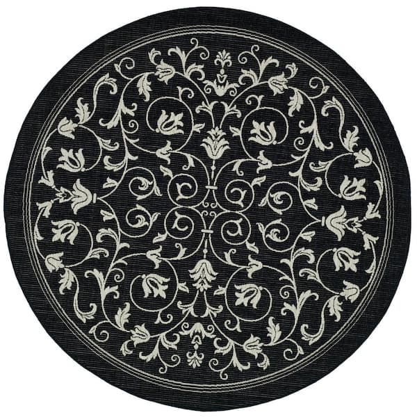 SAFAVIEH Courtyard Black/Sand 4 ft. x 4 ft. Border Scroll Floral Indoor/Outdoor Patio  Round Area Rug