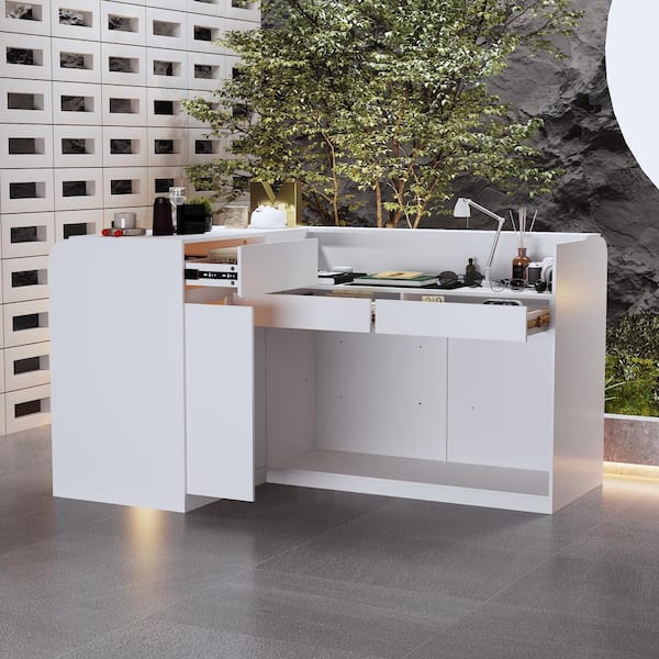 FUFU&GAGA 70.9 in. W L-Shape White Wooden 3-Drawer Commercial Desk, Reception Desk with 17 Shelves and 2-Doors