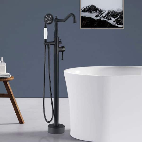 Satico 1-Handle Freestanding Floor Mount Tub Faucet Bathtub Filler with Hand Shower in Matte Black