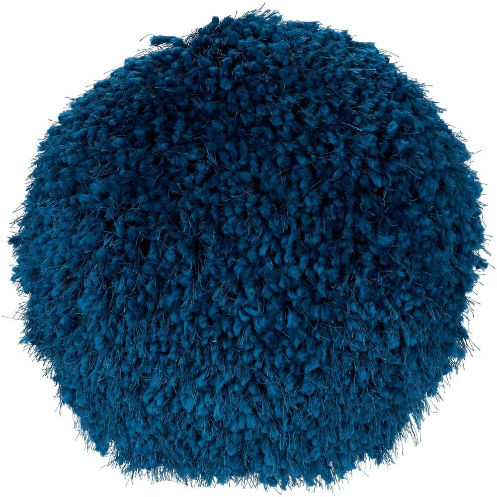 Teal Blue Round Shag Polyester Throw Pillow 14"